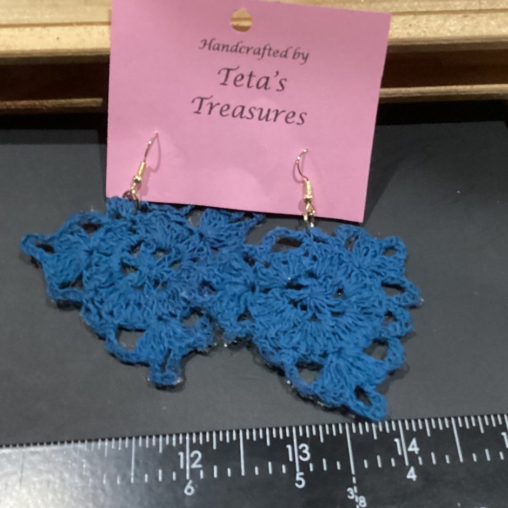 Earrings Blue Triangle Crocheted Crochet Hand Crafted